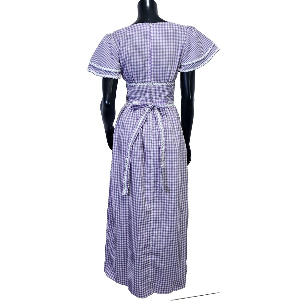 VTG 70s Purple Gingham Maxi‎ Dress Prairie Cottagecore Lace Trim Flutter Sleeve - Picture 13 of 16